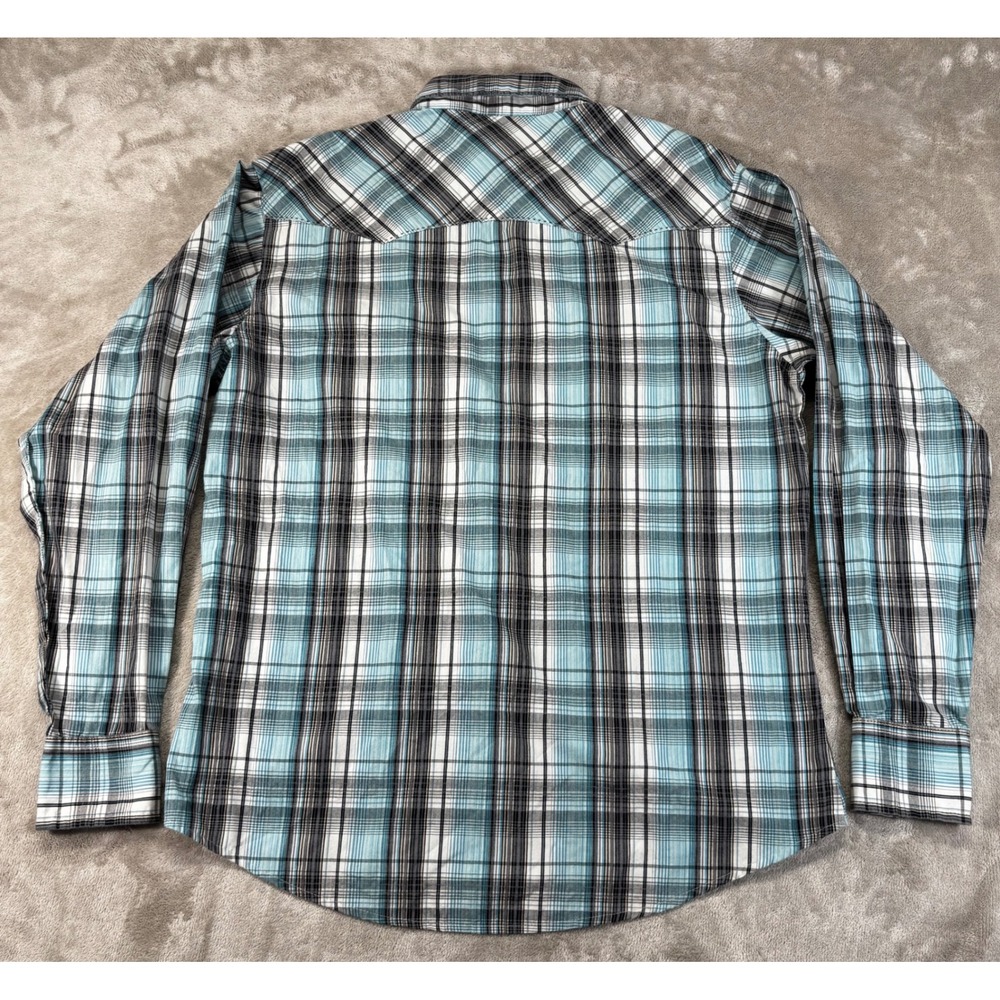 Wrangler Western Snap Shirt Mens XL Turquoise Black Plaid Excellent Pearl Snap - Picture 6 of 8